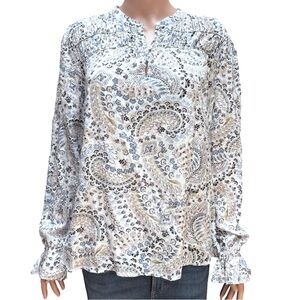 LOFT Floral Paisley Blouse - Blue and White long Sleeves Large